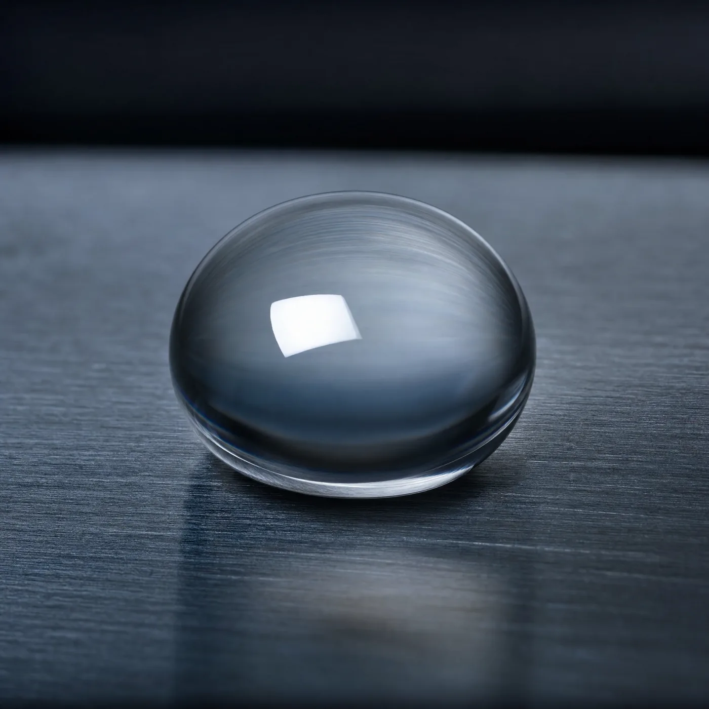 Close-up of a single clear water droplet resting on a brushed steel surface