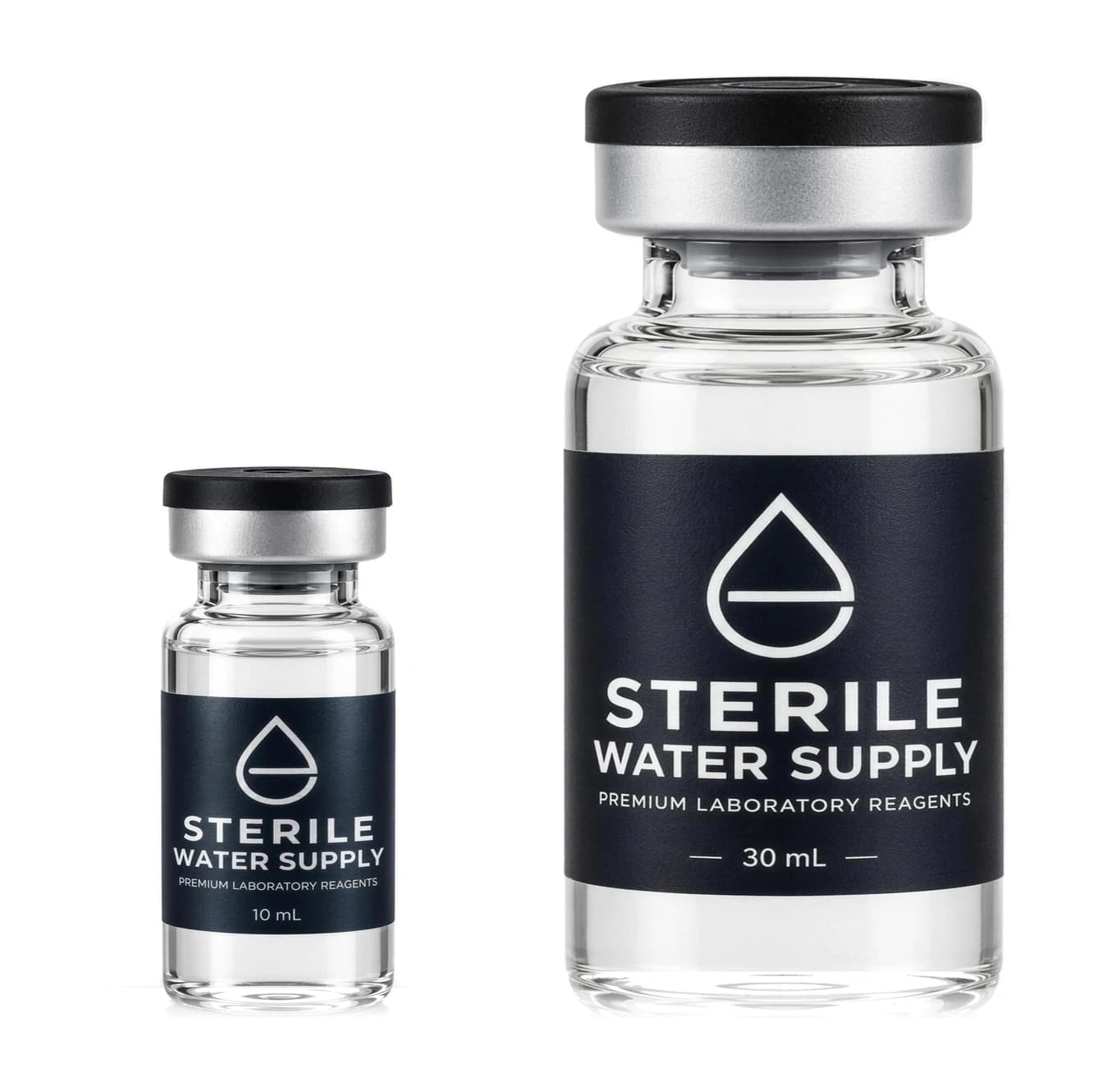 A 10 mL vial standing beside a taller 30 mL vial, both with navy Sterile Water Supply labels and grey flip-top seals